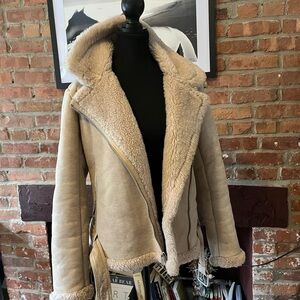 Abercrombie & Fitch Tan Teddy Shearling Moto Jacket